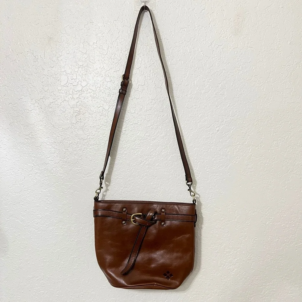 Patricia Nash Cognac Brown Leather Buckle Crossbody Bag Boho Equestrian Artisan